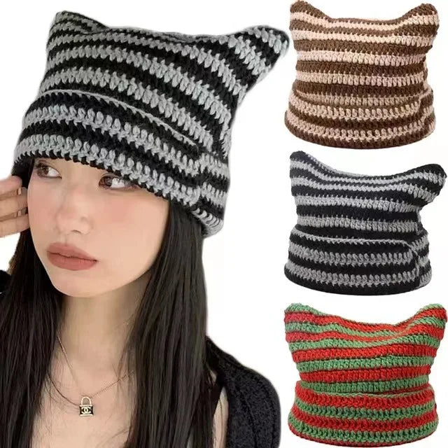 Cute Cat Ears Beanie Hats for Women Winter Striped Korean Punk Gothic Y2K Wool Knitted Streetwear Handmade Crochet Bucket Cap