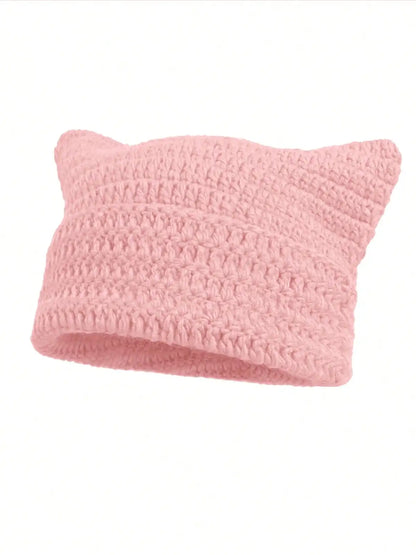 Cute Cat Ears Beanie Hats for Women Winter Striped Korean Punk Gothic Y2K Wool Knitted Streetwear Handmade Crochet Bucket Cap