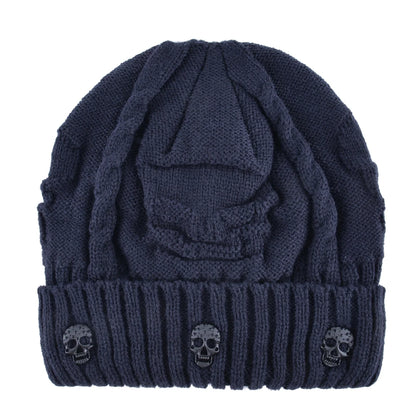 Winter Beanies Men Knitted Skull Pattern Solid Color Hat With Metal Skulls Skullies Beanies Men's Knit Thick Hats Add Velvet
