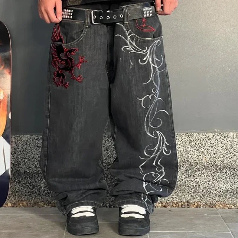 Streetwear Y2K Gothic Denim Trousers Harajuku Punk Dinosaur Embroidery Washed Jeans Hip Hop Wide Leg Oversized Jeans Mens Womens