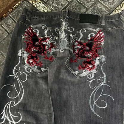 Streetwear Y2K Gothic Denim Trousers Harajuku Punk Dinosaur Embroidery Washed Jeans Hip Hop Wide Leg Oversized Jeans Mens Womens