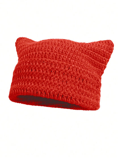 Cute Cat Ears Beanie Hats for Women Winter Striped Korean Punk Gothic Y2K Wool Knitted Streetwear Handmade Crochet Bucket Cap