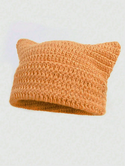 Cute Cat Ears Beanie Hats for Women Winter Striped Korean Punk Gothic Y2K Wool Knitted Streetwear Handmade Crochet Bucket Cap
