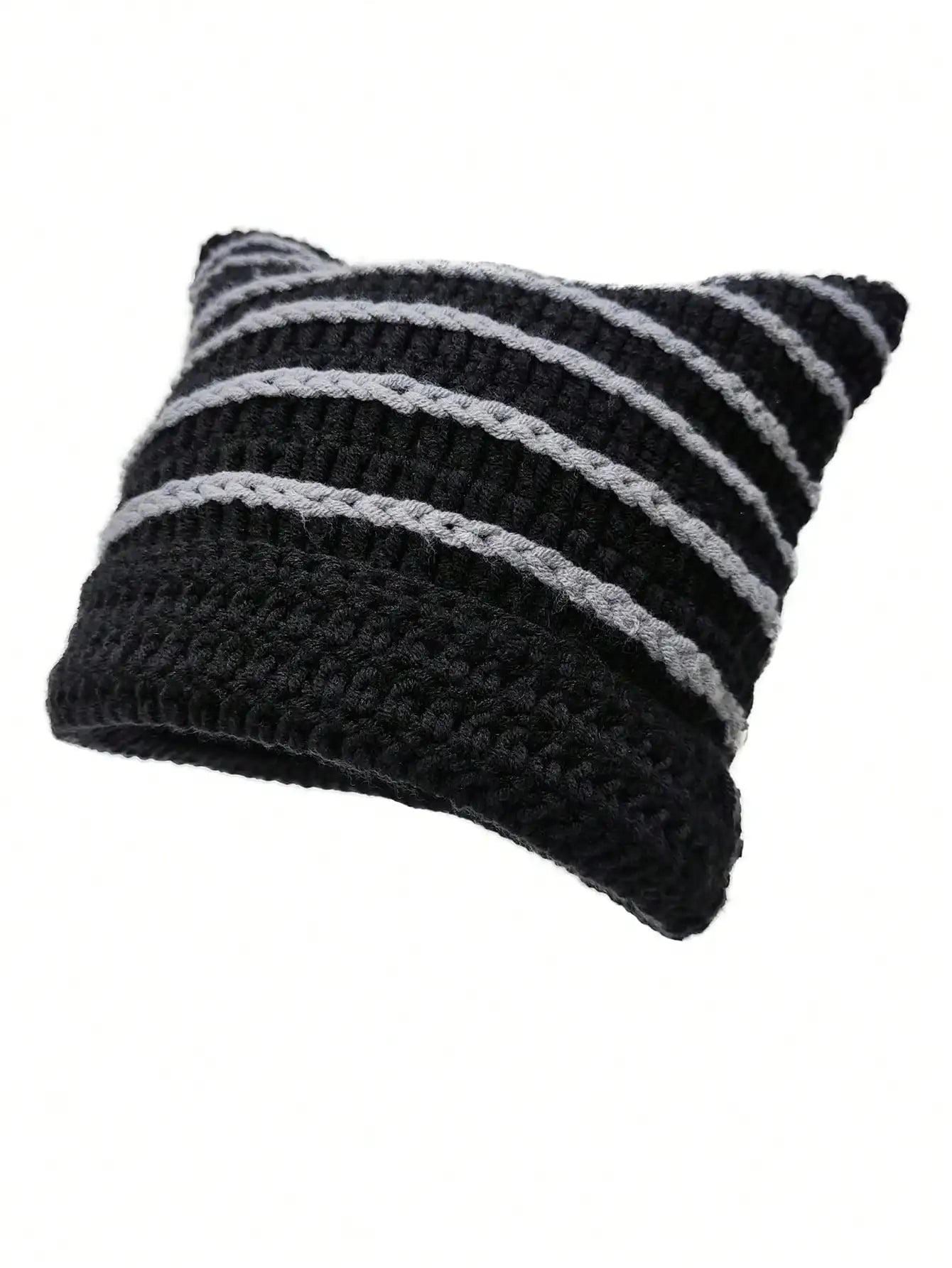 Cute Cat Ears Beanie Hats for Women Winter Striped Korean Punk Gothic Y2K Wool Knitted Streetwear Handmade Crochet Bucket Cap