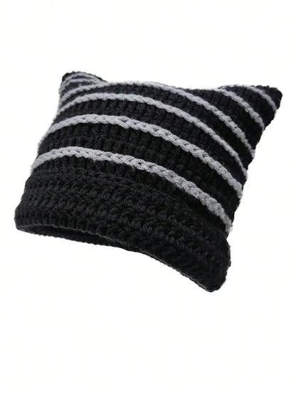 Cute Cat Ears Beanie Hats for Women Winter Striped Korean Punk Gothic Y2K Wool Knitted Streetwear Handmade Crochet Bucket Cap